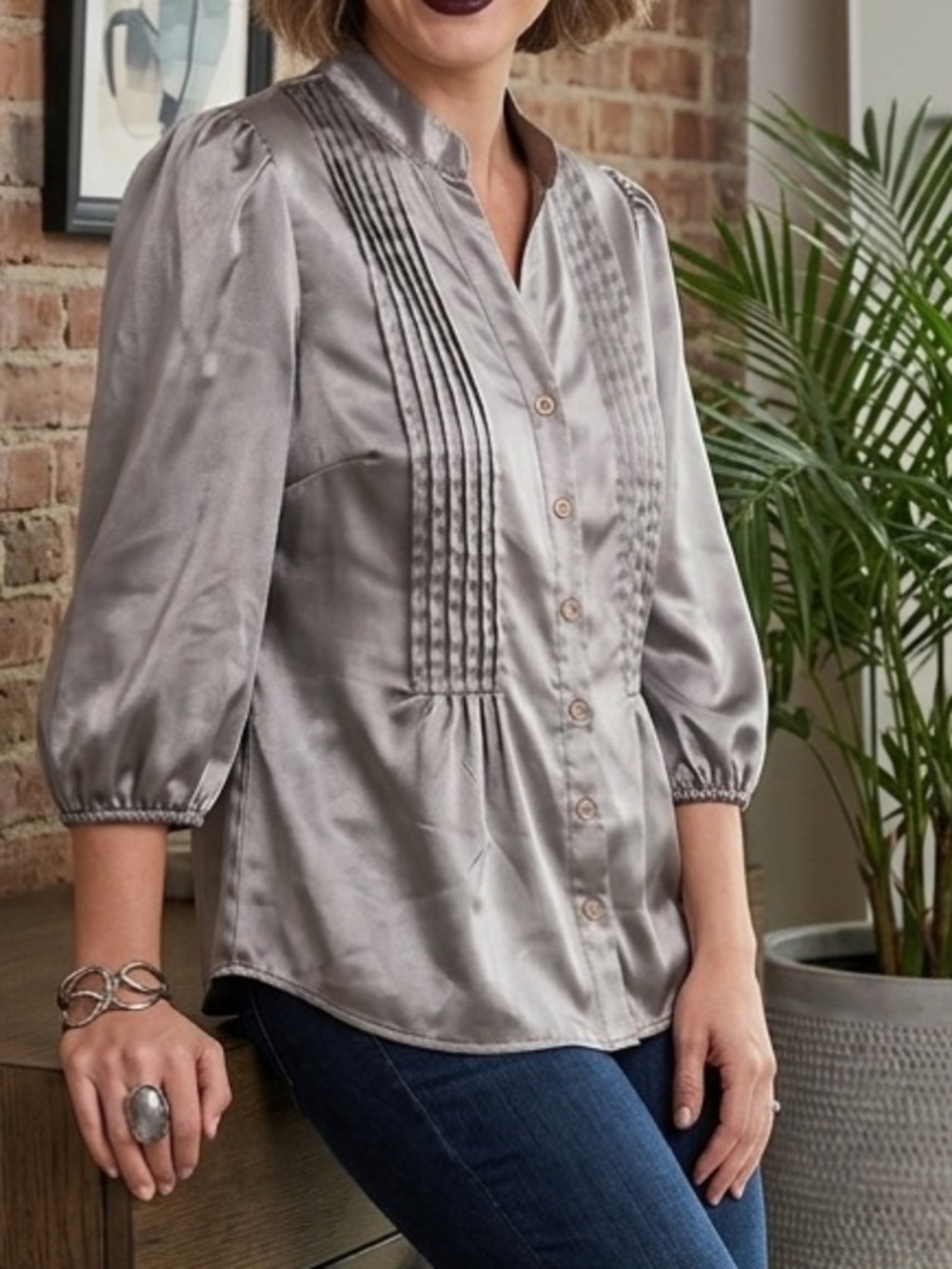 Satin Pintuck Button-Down Blouse — Gray